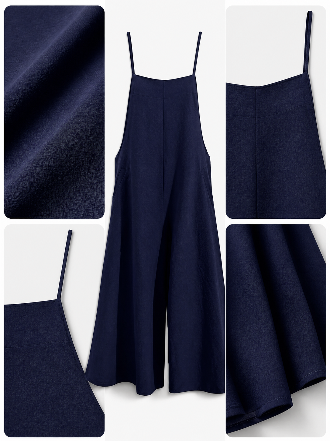 Information card showing the navy jumpsuit laid flat with close-ups of its fabric, straps, neckline, side opening, and hem