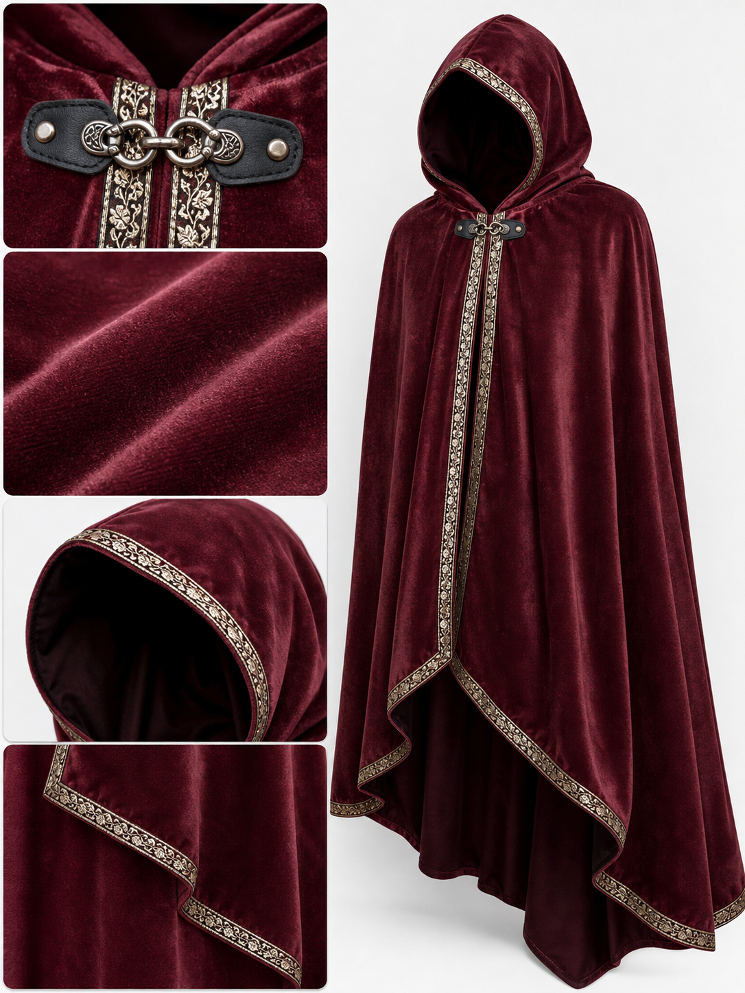 Burgundy velvet-look hooded costume cape product view 71