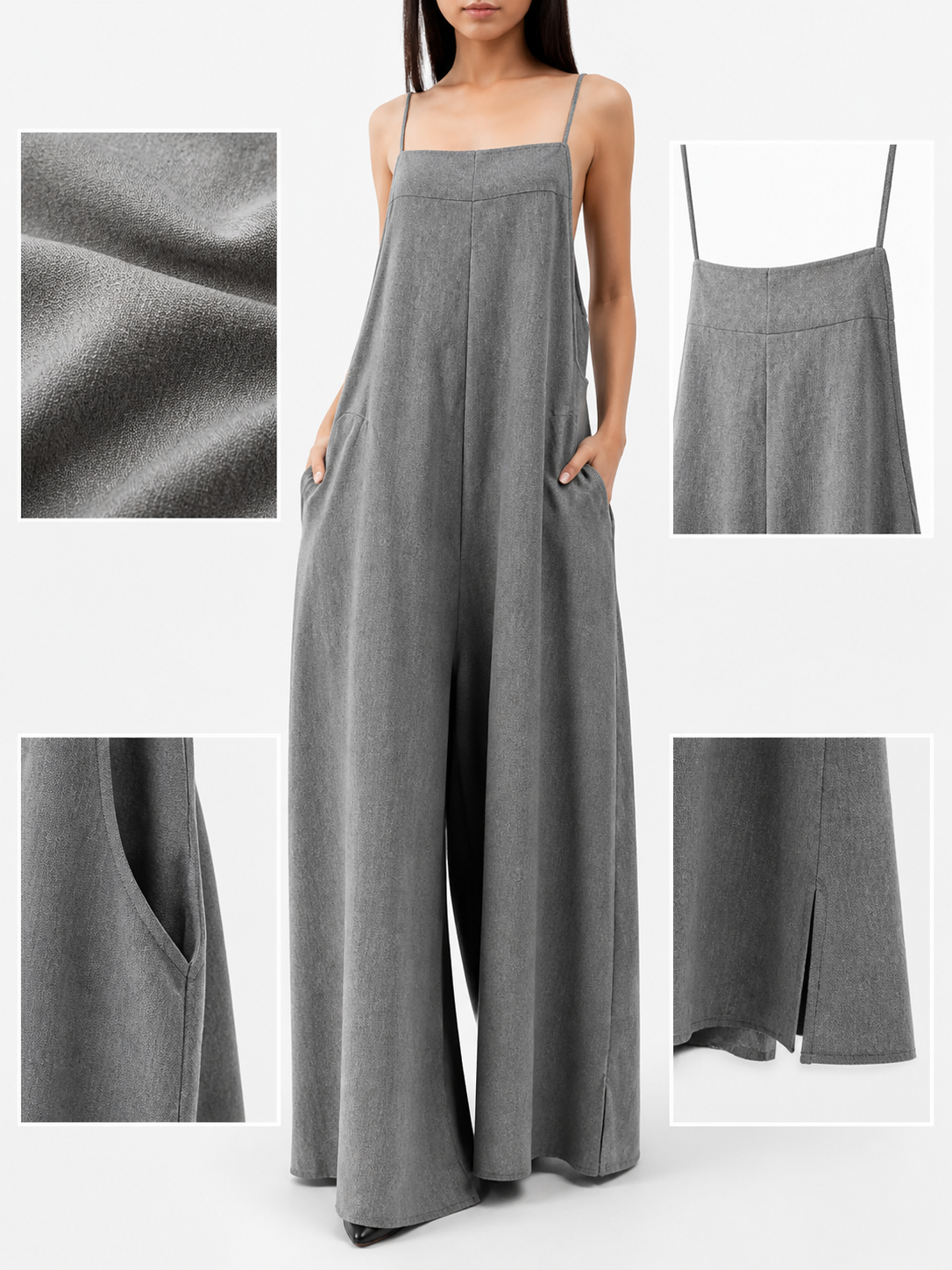 Information card showing the gray jumpsuit's fabric texture, thin straps, upper front construction, side pocket, and leg opening