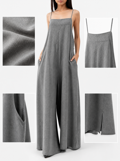 Information card showing the gray jumpsuit's fabric texture, thin straps, upper front construction, side pocket, and leg opening