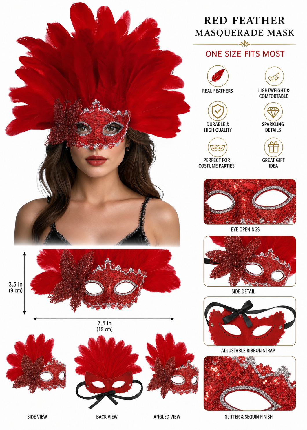 Red feather masquerade half mask product view 19