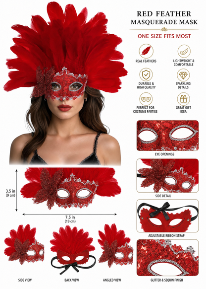 Red feather masquerade half mask product view 19