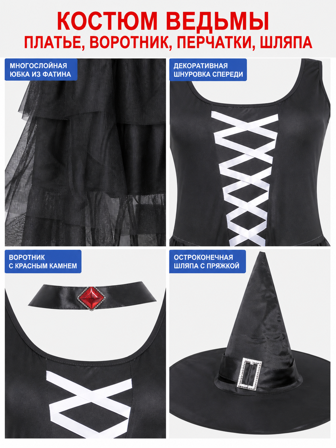 The set includes a black sleeveless dress, a pointed witch hat, separate detail view