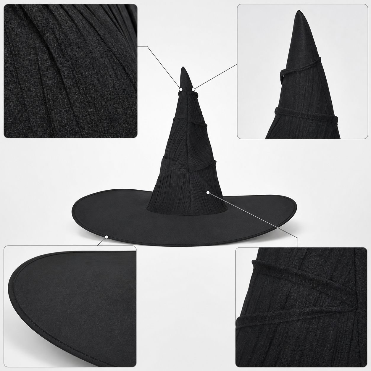 Matte Black Halloween Witch Hat Tall Pointed Crown Wide Curved Floppy Brim Ruched Costume Accessory for Cosplay Party Stage Dress Up