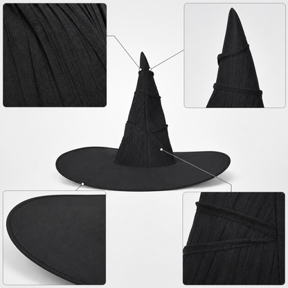 Matte Black Halloween Witch Hat Tall Pointed Crown Wide Curved Floppy Brim Ruched Costume Accessory for Cosplay Party Stage Dress Up