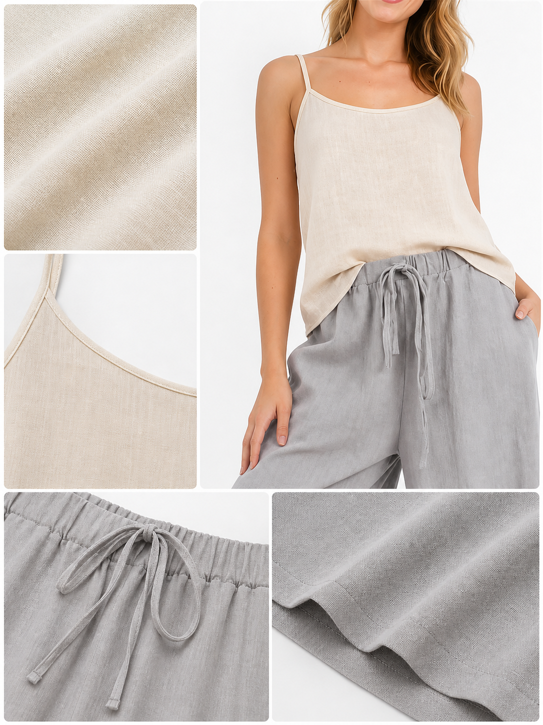 Gray wide-leg jeans with a drawstring and elastic waistband detail view 3