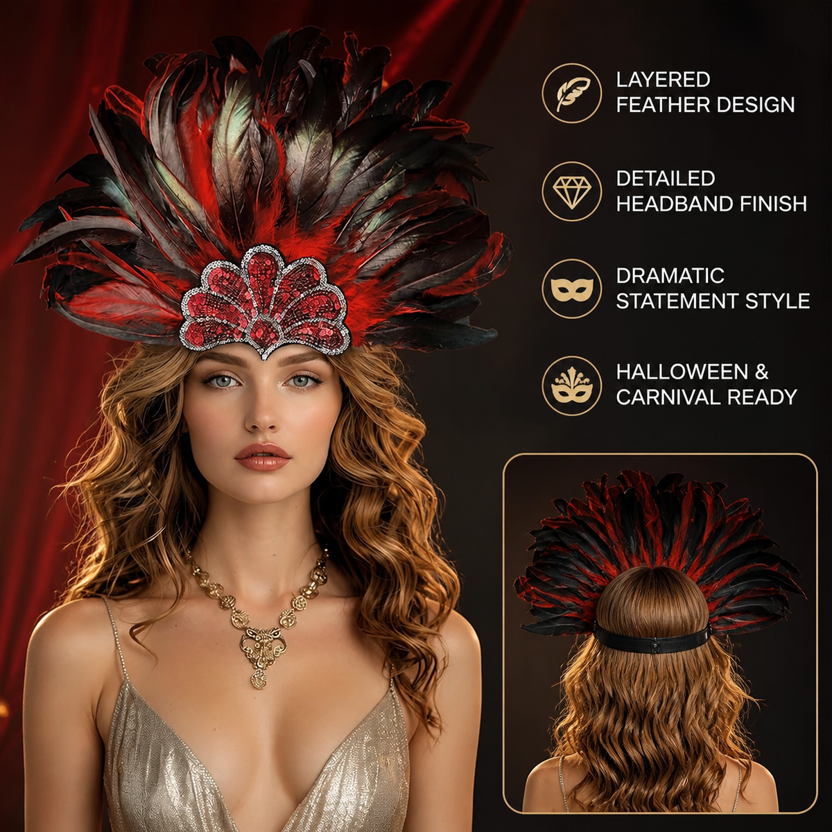Red and black feather carnival headpiece product view 33