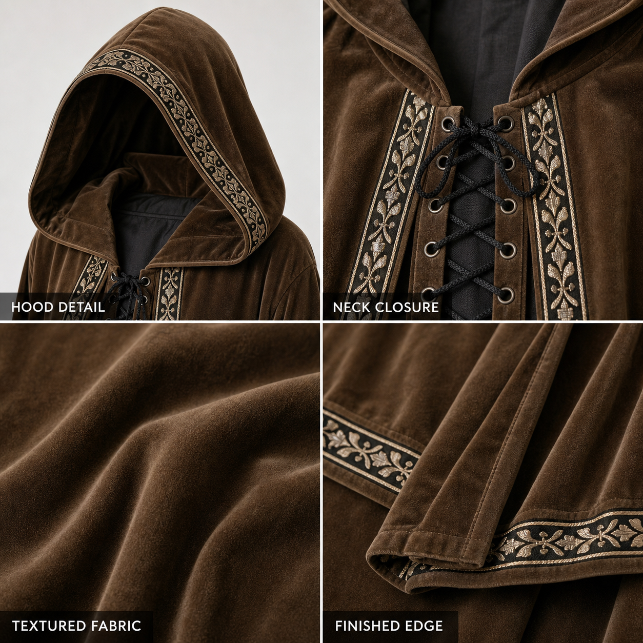 Long Hooded Robe, Brown, Loose Fit detail view 3
