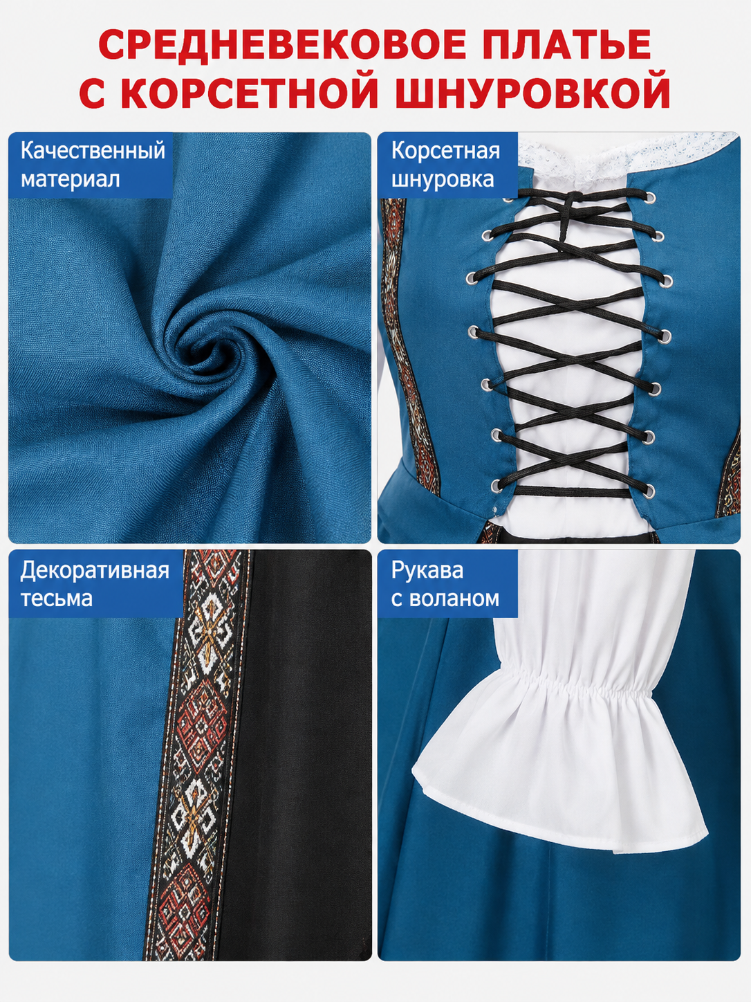 Blue Medieval-Style Stage Dress detail view