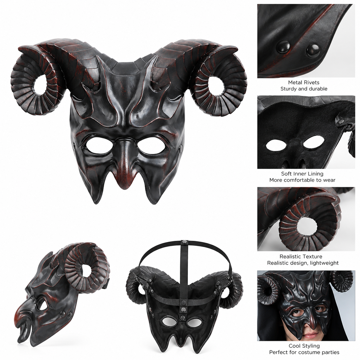 1pc Halloween Horned Demon Mask, Full Face with Curled Horns for Cosplay Parties