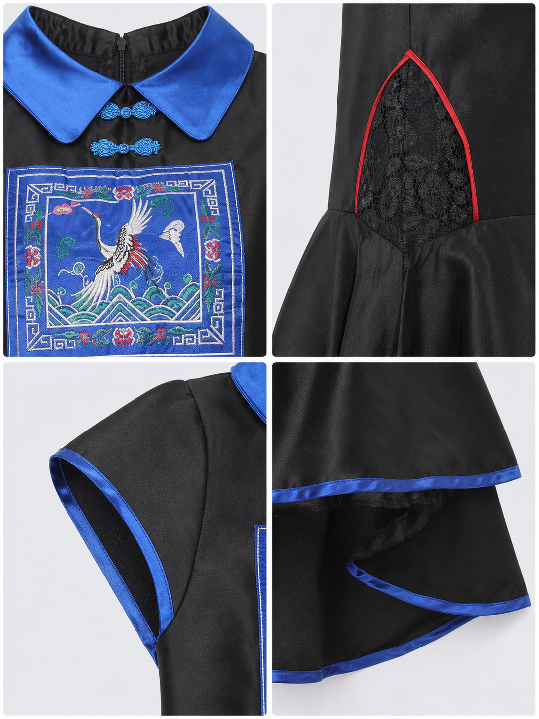 Character Costume: Black Dress with Blue Trim detail view