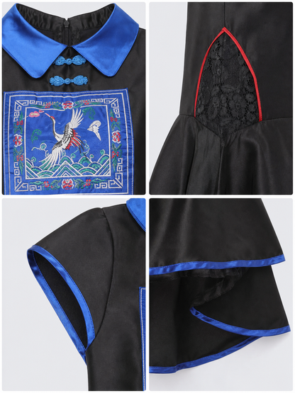 Character Costume: Black Dress with Blue Trim detail view