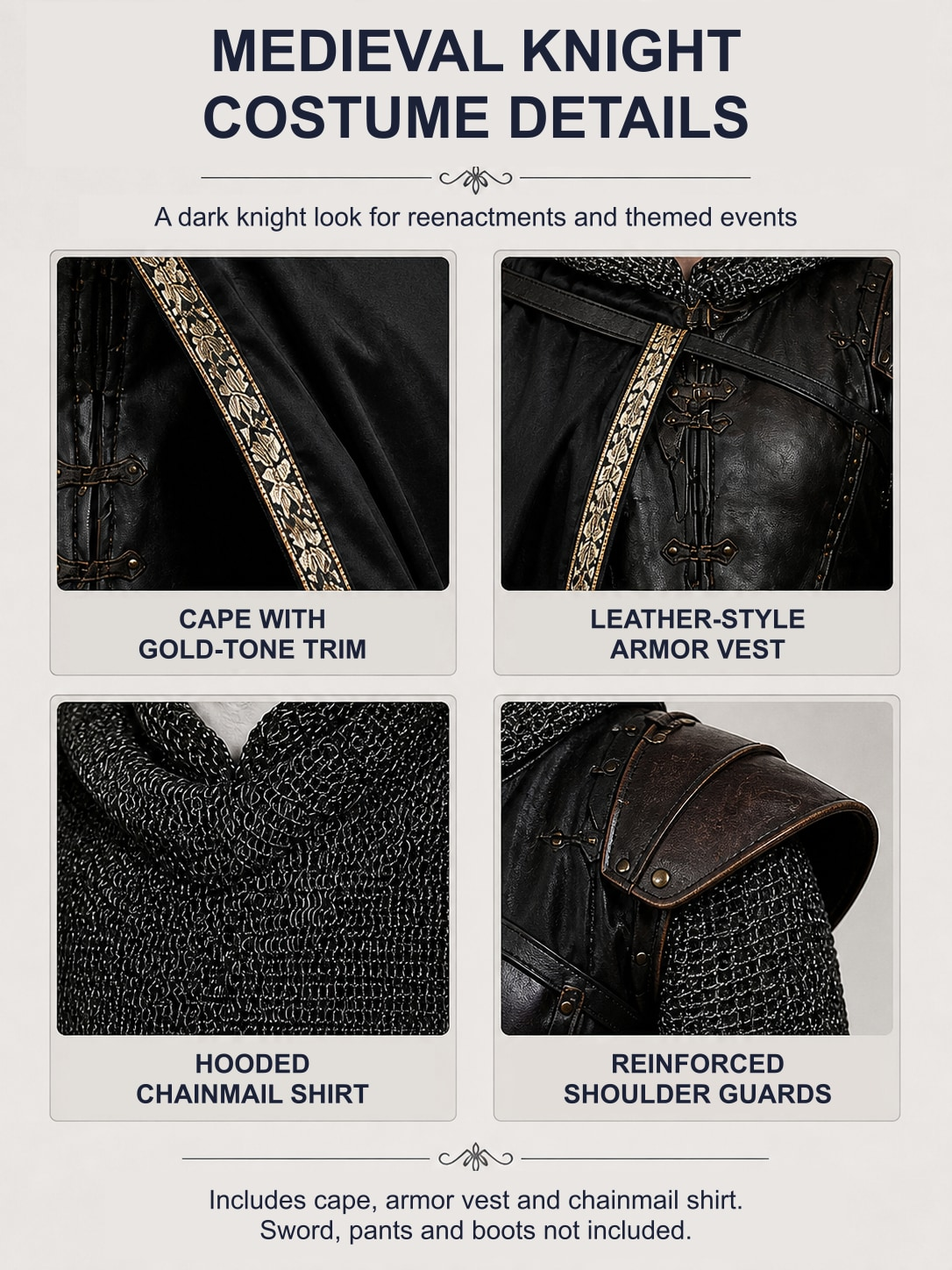 Knight costume details: cape with gold-tone trim, leather-style armor vest, hooded chainmail shirt and reinforced shoulder guards