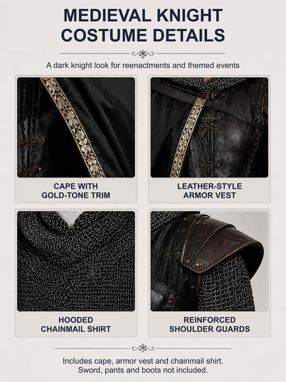 Knight costume details: cape with gold-tone trim, leather-style armor vest, hooded chainmail shirt and reinforced shoulder guards
