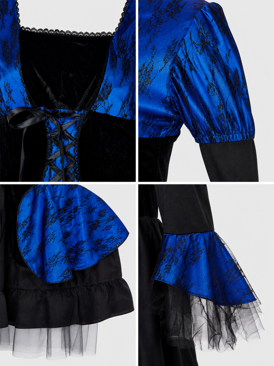Witch Costume: Blue and Black Dress with a Full Skirt detail view