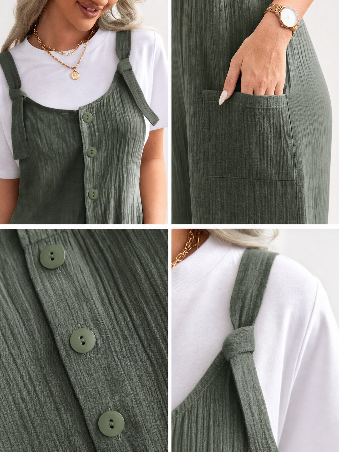Detail collage of olive green textured overall shorts showing the fabric texture, round buttons, front pocket and tied shoulder strap
