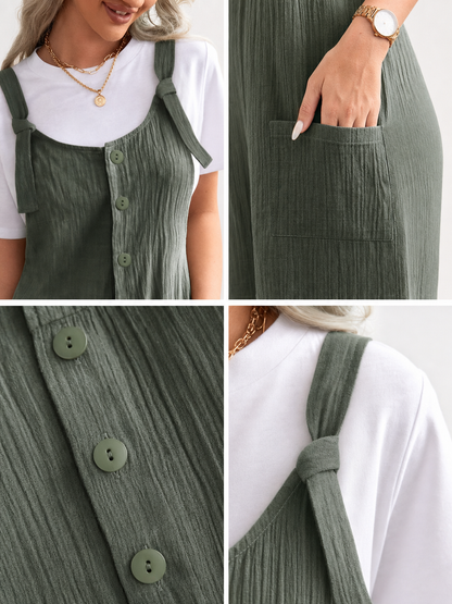 Detail collage of olive green textured overall shorts showing the fabric texture, round buttons, front pocket and tied shoulder strap