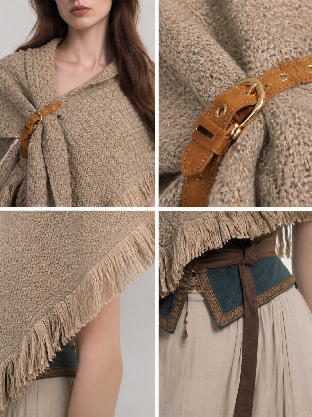 Beige fringed woven costume cape product view 31