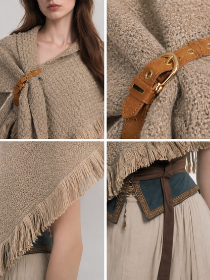 Beige fringed woven costume cape product view 31