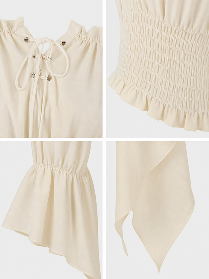Off-the-Shoulder Lace-Up Blouse, Beige