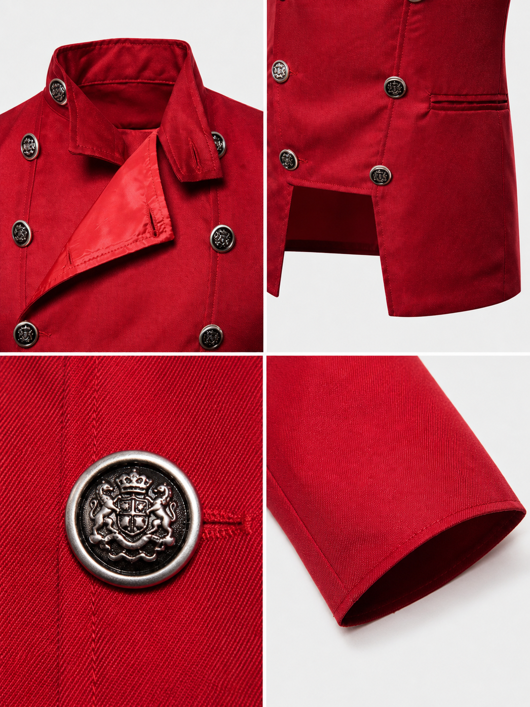 The jacket is presented in a vintage red color and designed in a military style with elements of Gothic aesthetics. The model features a distinctive front construction with a diagonal wrap, giving the garment a bold character. A double row 