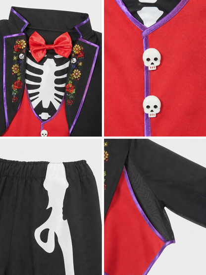 This skeleton costume is designed in the Mexican style of the Day of the Dead celebration. The outfit includes a black jacket with purple trim and floral decorations, a red vest-style front panel with decorative buttons, a red bow tie, blac