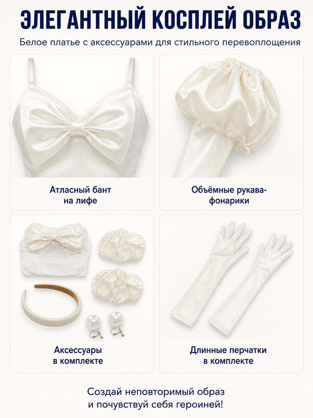 White Short Cosplay Dress with Bow and Wig detail view