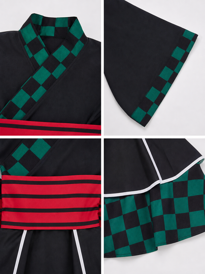 Tanjiro Cosplay Dress, Black with Green Plaid