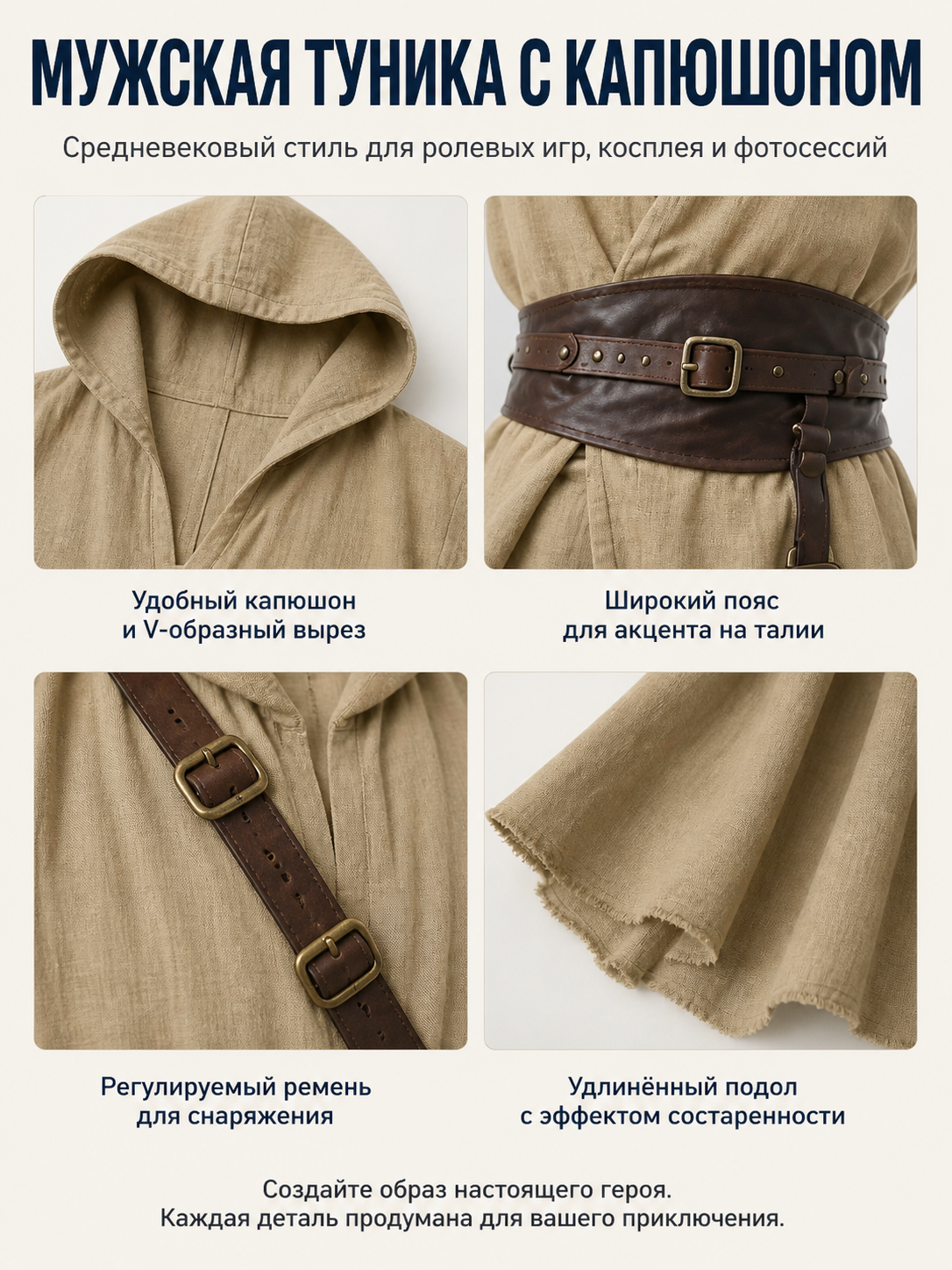 Khaki Sleeveless Medieval Hooded Cloak detail view