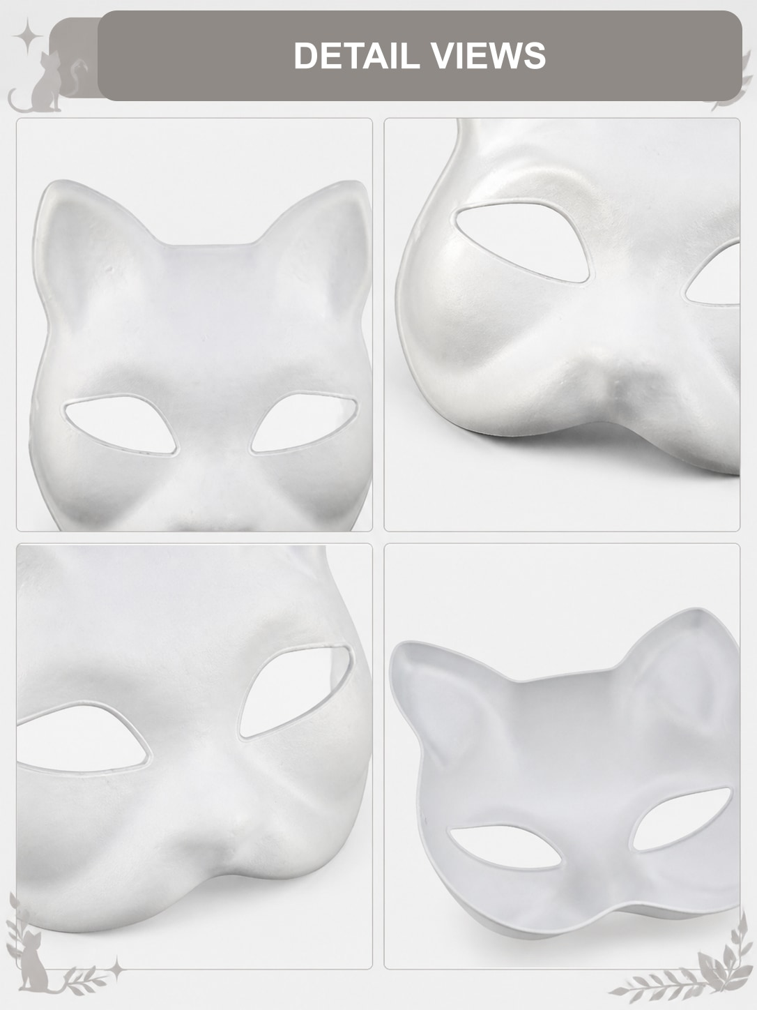 Detail views of the blank white cat mask from front and side angles