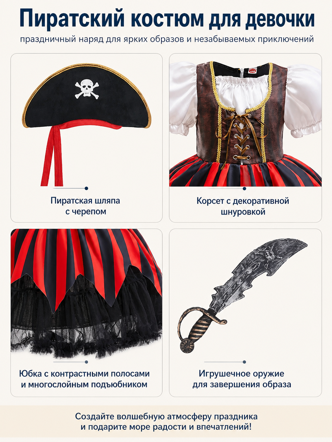 Pirate Costume with Striped Dress and Accessories detail view