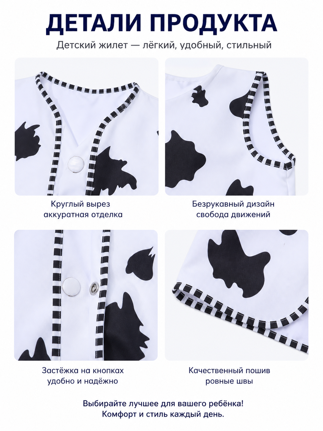 Woody Cosplay Vest: Black Spots, Black-and-White Trim detail view