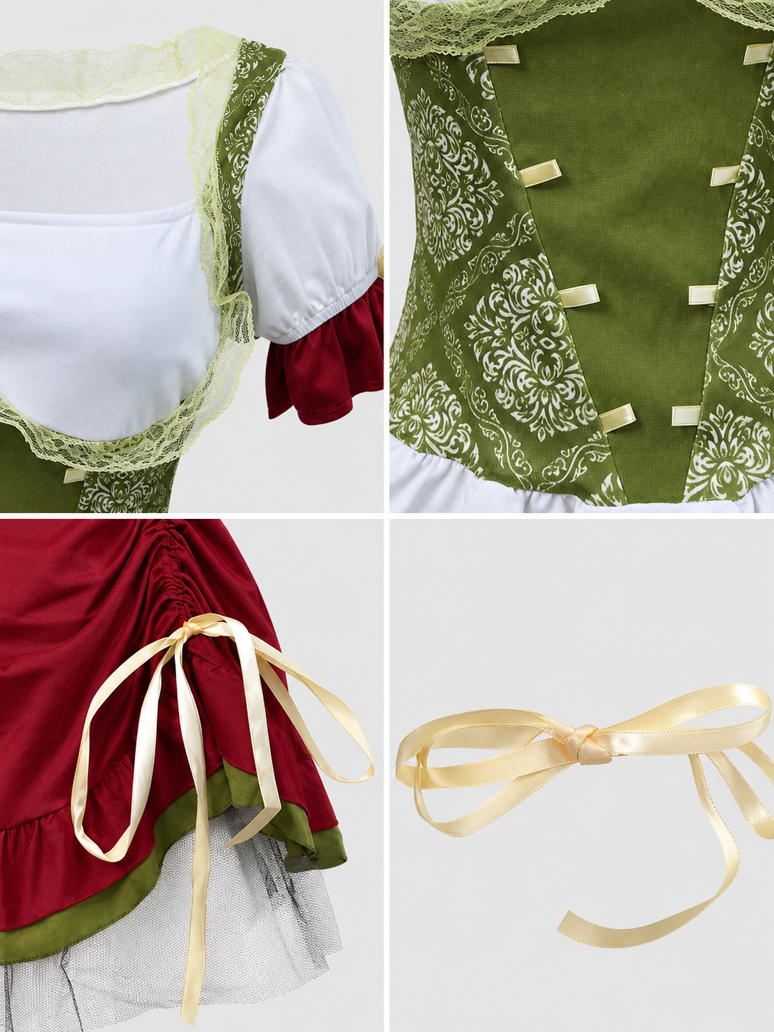 Costume with a corset-style top, skirt, hat, and ribbons