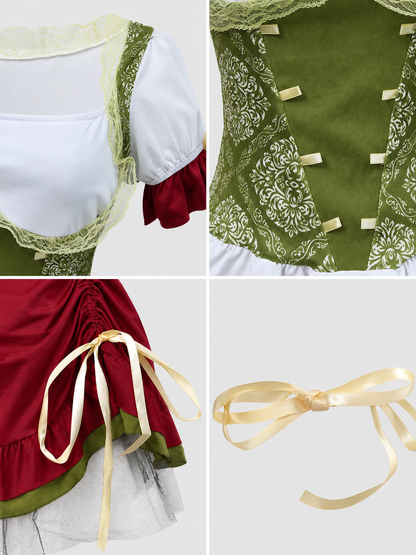 Costume with a corset-style top, skirt, hat, and ribbons