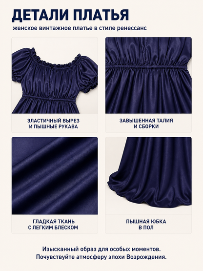 Retro Bridgerton-Style Dress, Dark Blue, Long detail view