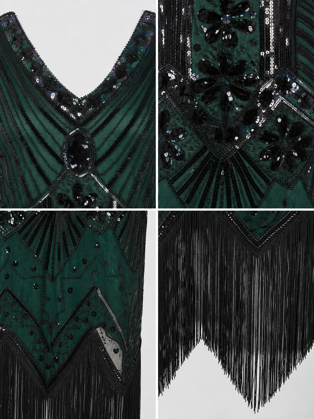 The flapper dress is designed in the Art Deco aesthetic and conveys the signature look of the Gatsby era. The sleeveless design features a V-neckline and a straight silhouette. A geometric and fan-shaped pattern covers the entire surface, c