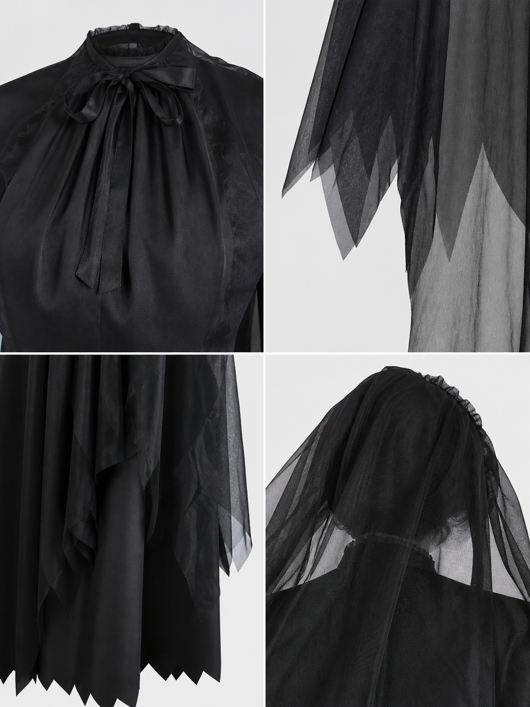Black Gothic Hooded Dress with Tattered Details detail view