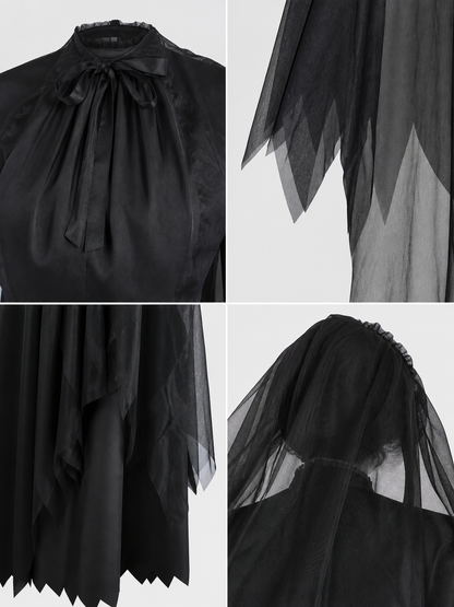 Black Gothic Hooded Dress with Tattered Details detail view