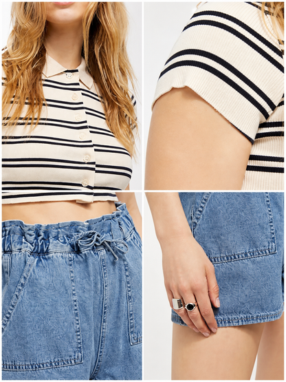 Light Blue Relaxed-Fit Denim Shorts with an Elastic Waistband and Drawstring detail view