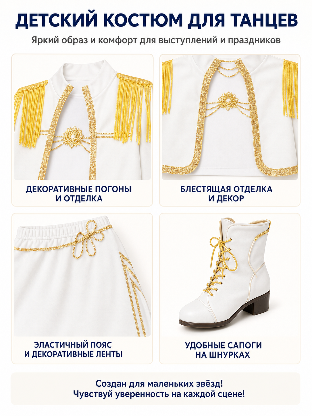 White Children's Stage Costume with Gold Fringe detail view