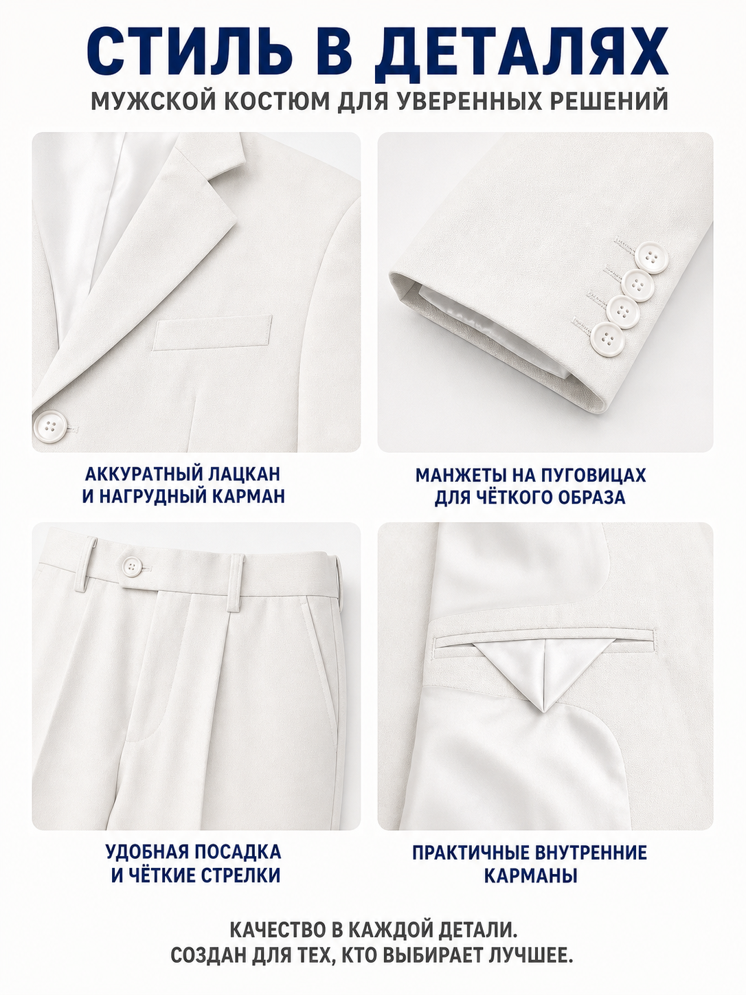 Trouser suit with shirt, suspenders, and tie detail view