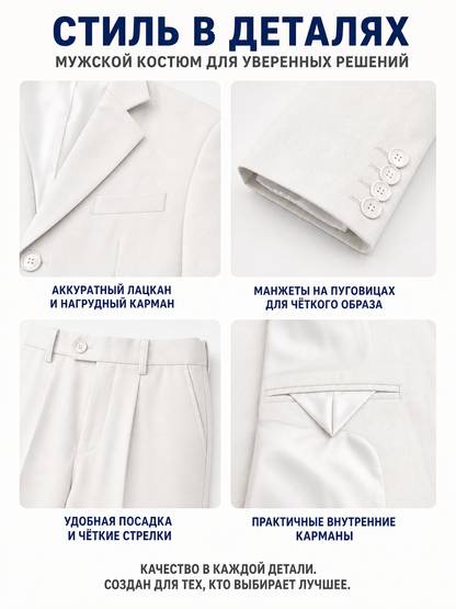 Trouser suit with shirt, suspenders, and tie detail view