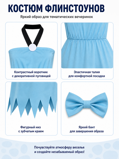 Blue dress with a black ribbon and white dots, jagged hem detail view