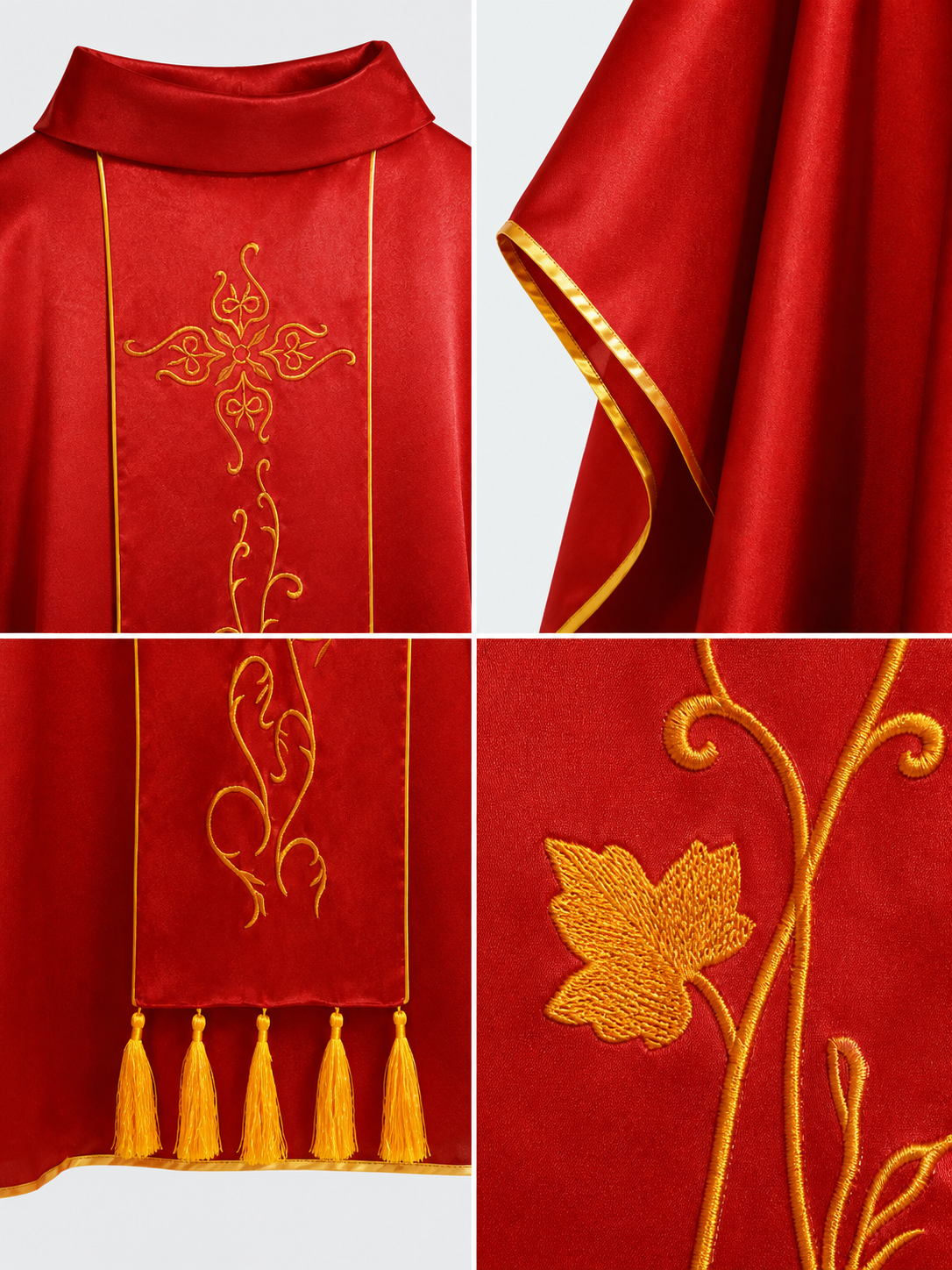 Medieval European Cosplay Vestment, Loose Sleeveless Poncho-Style Robe With Stand Collar, Gold Embroidery, Trim And Fringe For Stage Performance