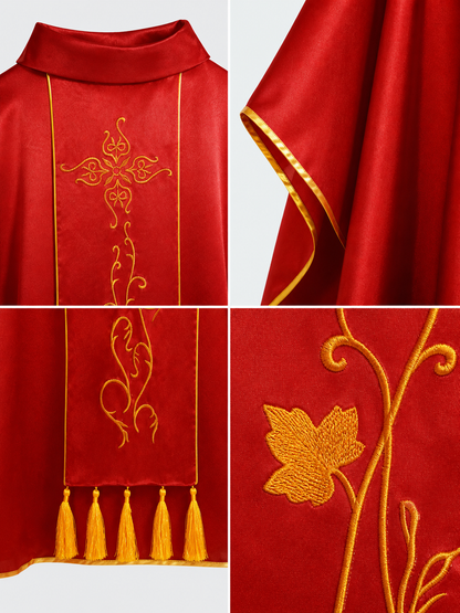 Medieval European Cosplay Vestment, Loose Sleeveless Poncho-Style Robe With Stand Collar, Gold Embroidery, Trim And Fringe For Stage Performance