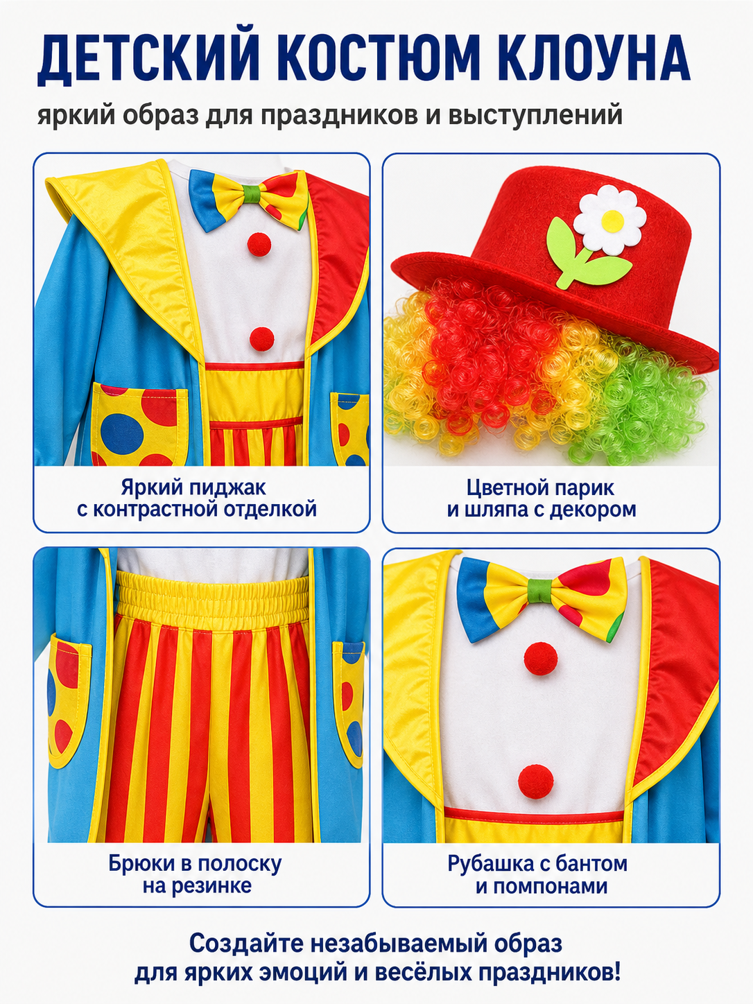 Clown Costume with Striped Jumpsuit and Hat detail view