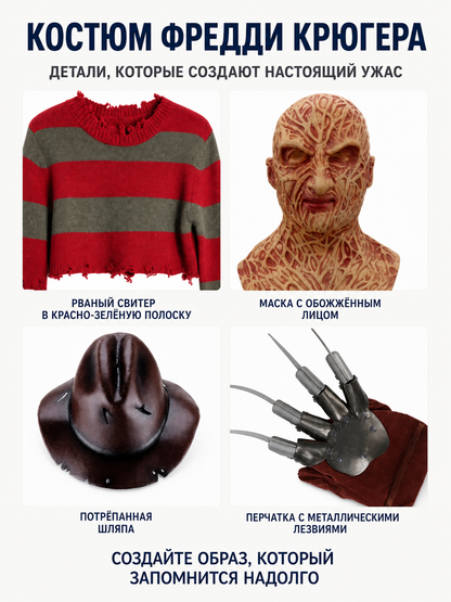 Freddy Krueger Costume with Mask and Gloves for Halloween