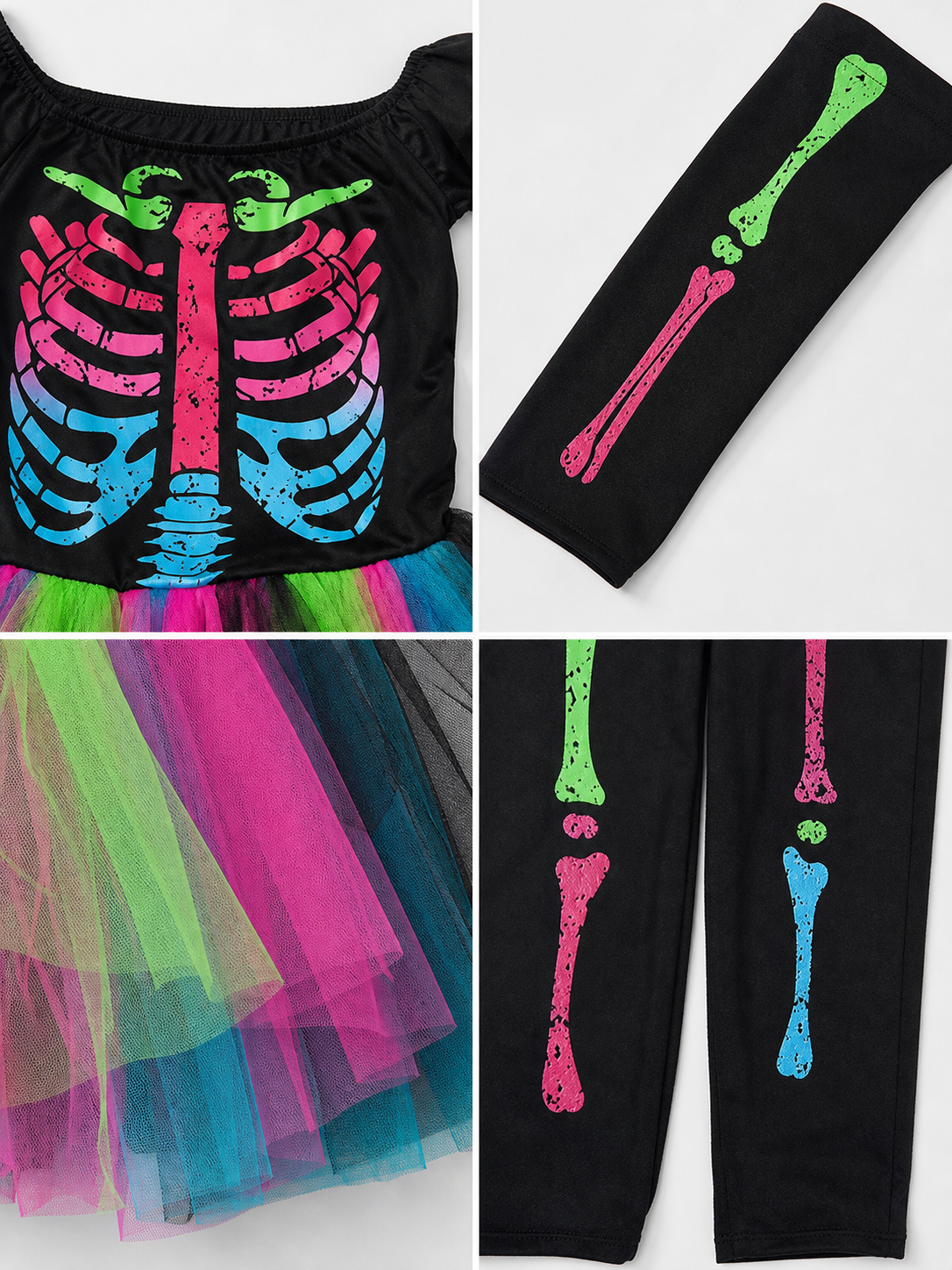 Skeleton costume with a multicolored skirt