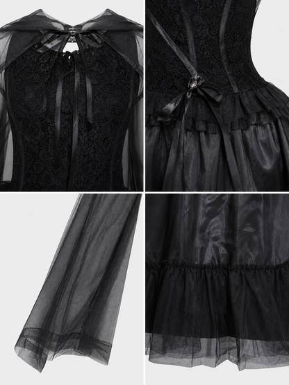 Gothic Black Dress with Cape and Lacing
