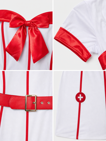 White-and-Red Nurse Costume with Bow and Belt